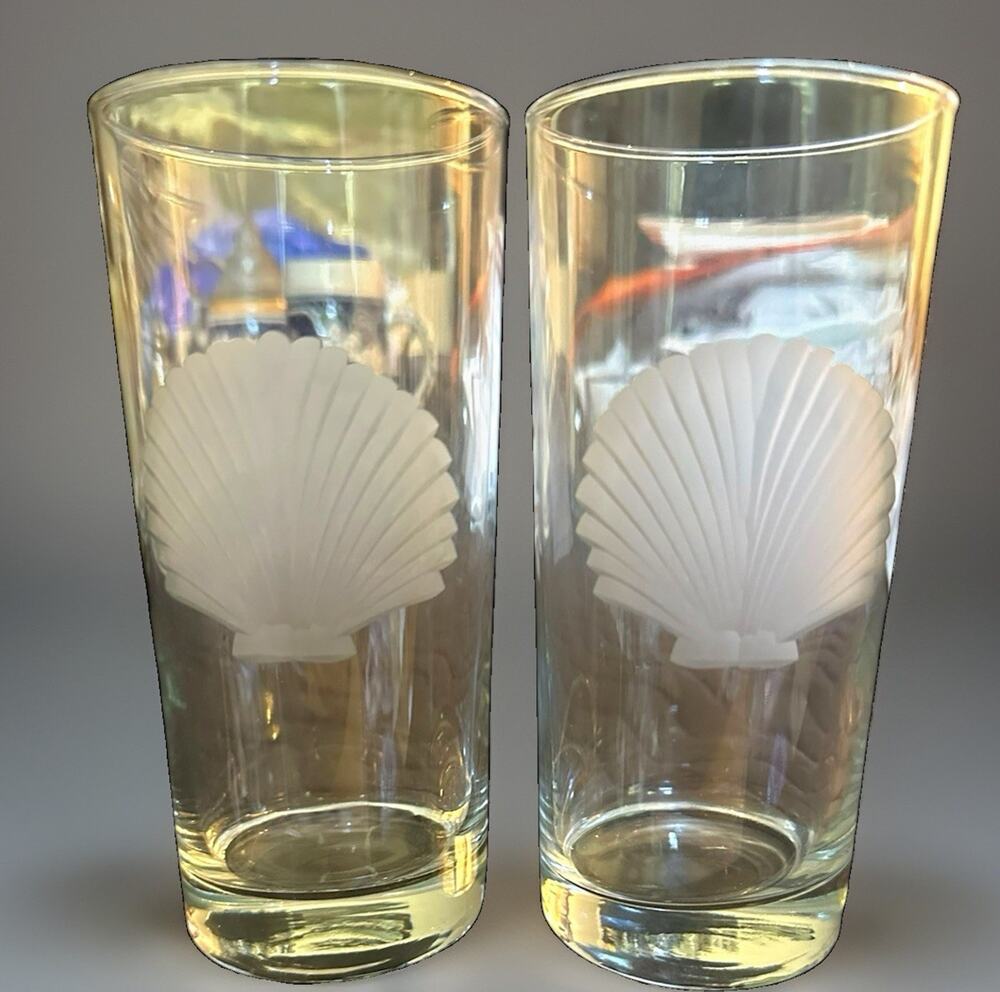 SCALLOP Shell Etched Ice Tea Highball Pint Glasses - Set of 2 EUC